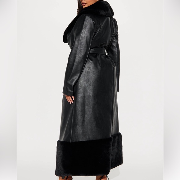 Women's Black Faux Leather Coat with Fur Trim - Picture 5 of 12